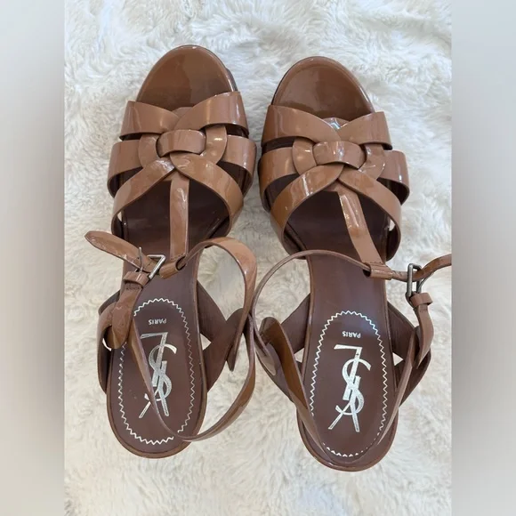 Saint Laurent Tribute Platform Sandals Dark Tan Beige Patent Authentic 38.5 - Picture 4 of 16